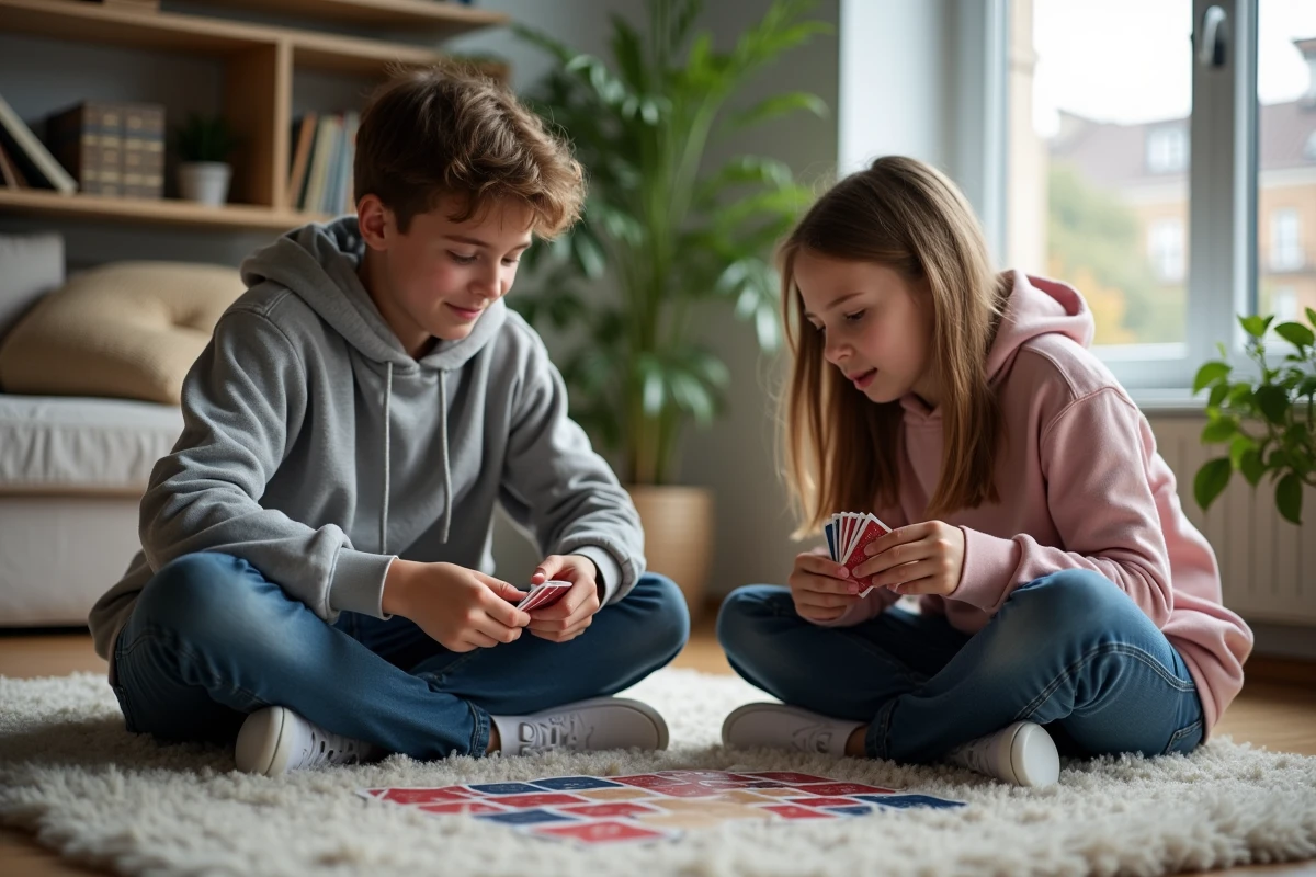 Adolescents jouent à Président dans un salon moderne et confortable