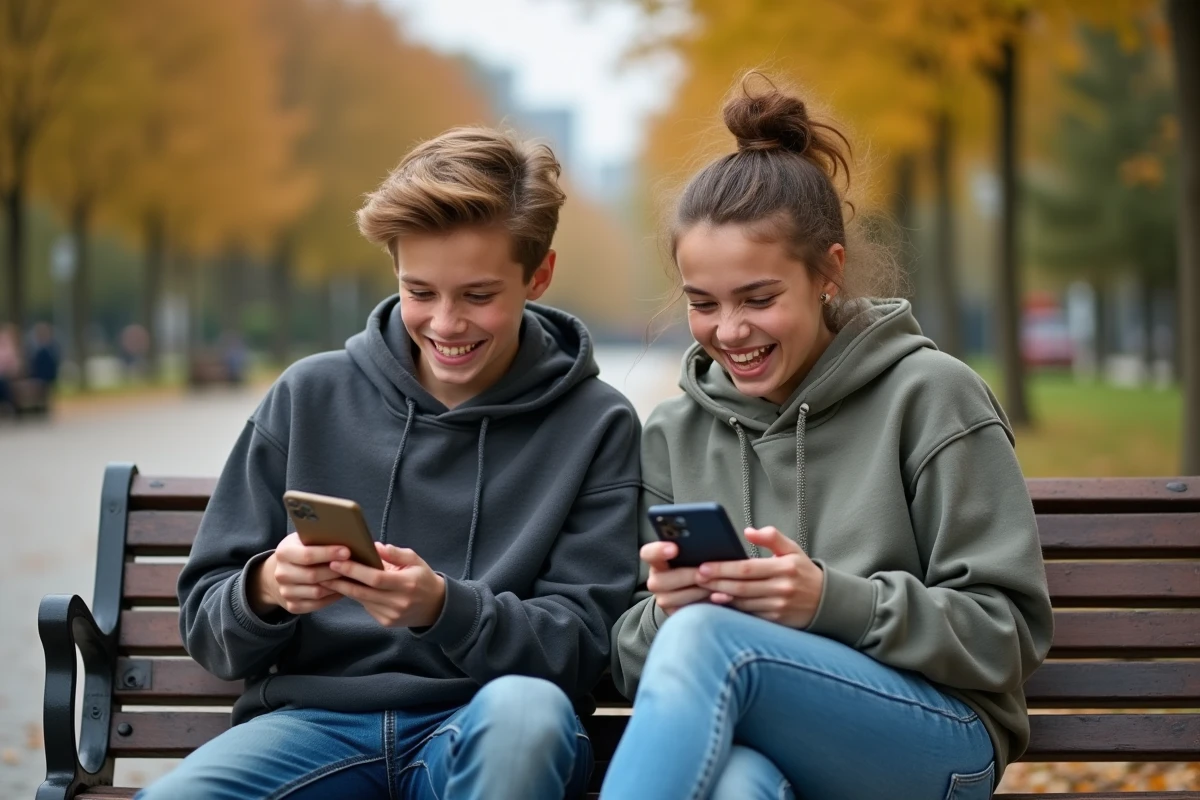 Deux adolescents assis dans un parc qui consultent Snapchat et rient de leurs flammes