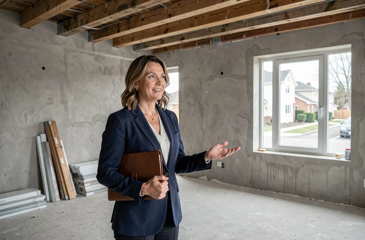 Agent immobilière professionnelle présentant un appartement en rénovation à un investisseur potentiel