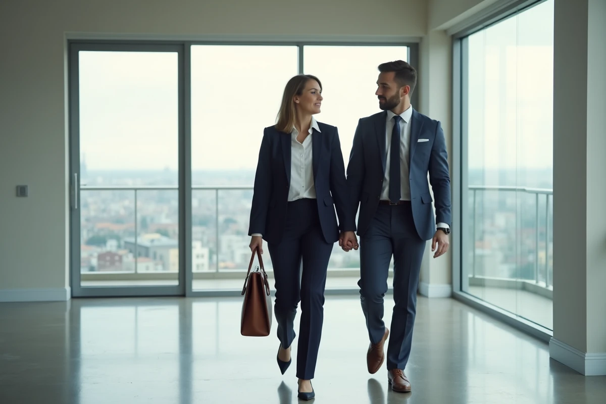 Agent immobilière présentant un appartement moderne à un acheteur potentiel avec vue sur la ville