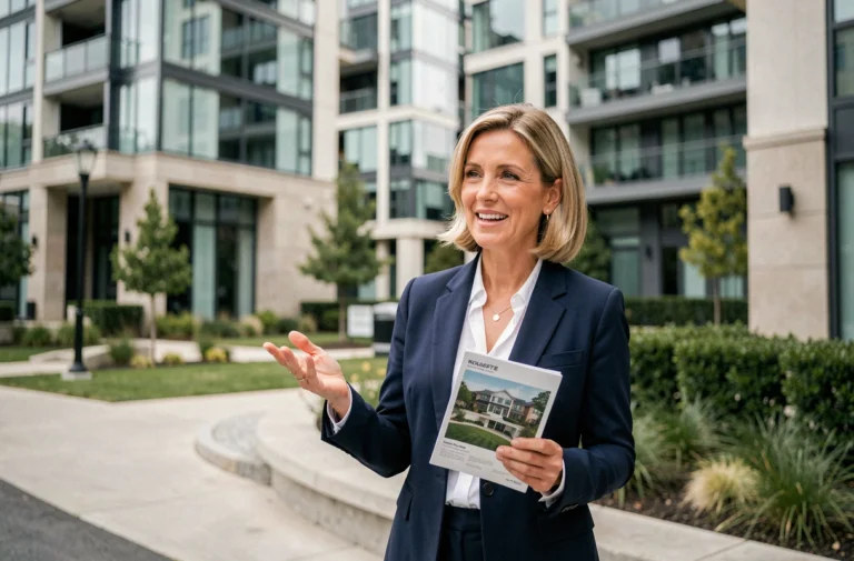 Agent immobilière professionnelle tenant une brochure devant un immeuble moderne en 2024