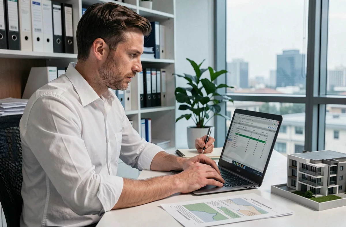 Homme analysant un investissement immobilier sur ordinateur avec des rapports financiers et une maquette de bâtiment résidentiel