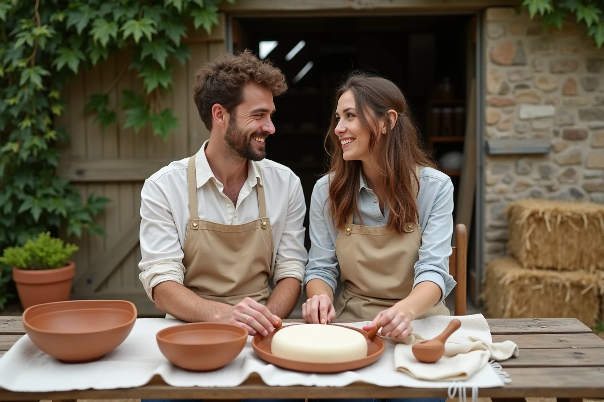 Deux personnes participant à un atelier de fabrication de fromage à la ferme, activité de loisirs agricoles en extérieur