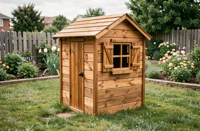 Cabane de jardin en bois pour enfant installée dans un jardin suburban verdoyant avec porte et fenêtre à volets