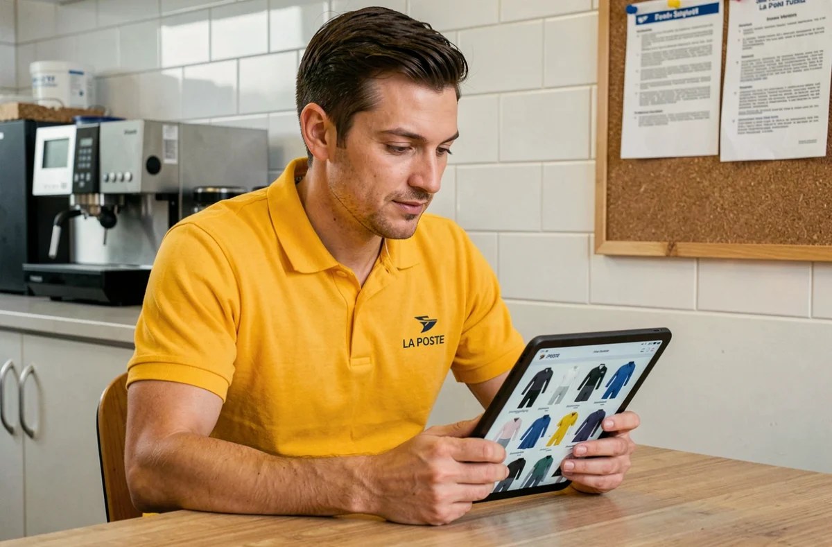 Employé La Poste consultant le catalogue d'habillement en ligne sur tablette dans une salle de pause