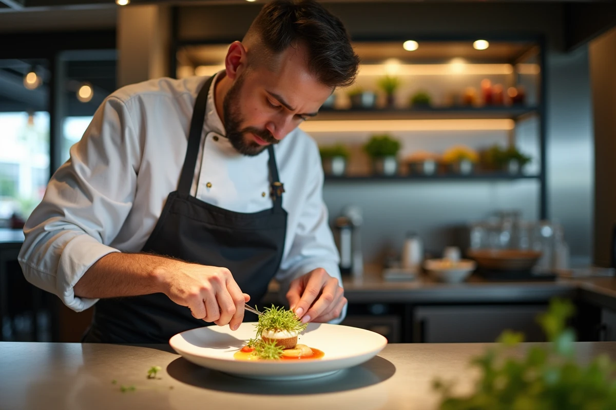 Chef préparant un dessert avec microgreens en cuisine ouverte