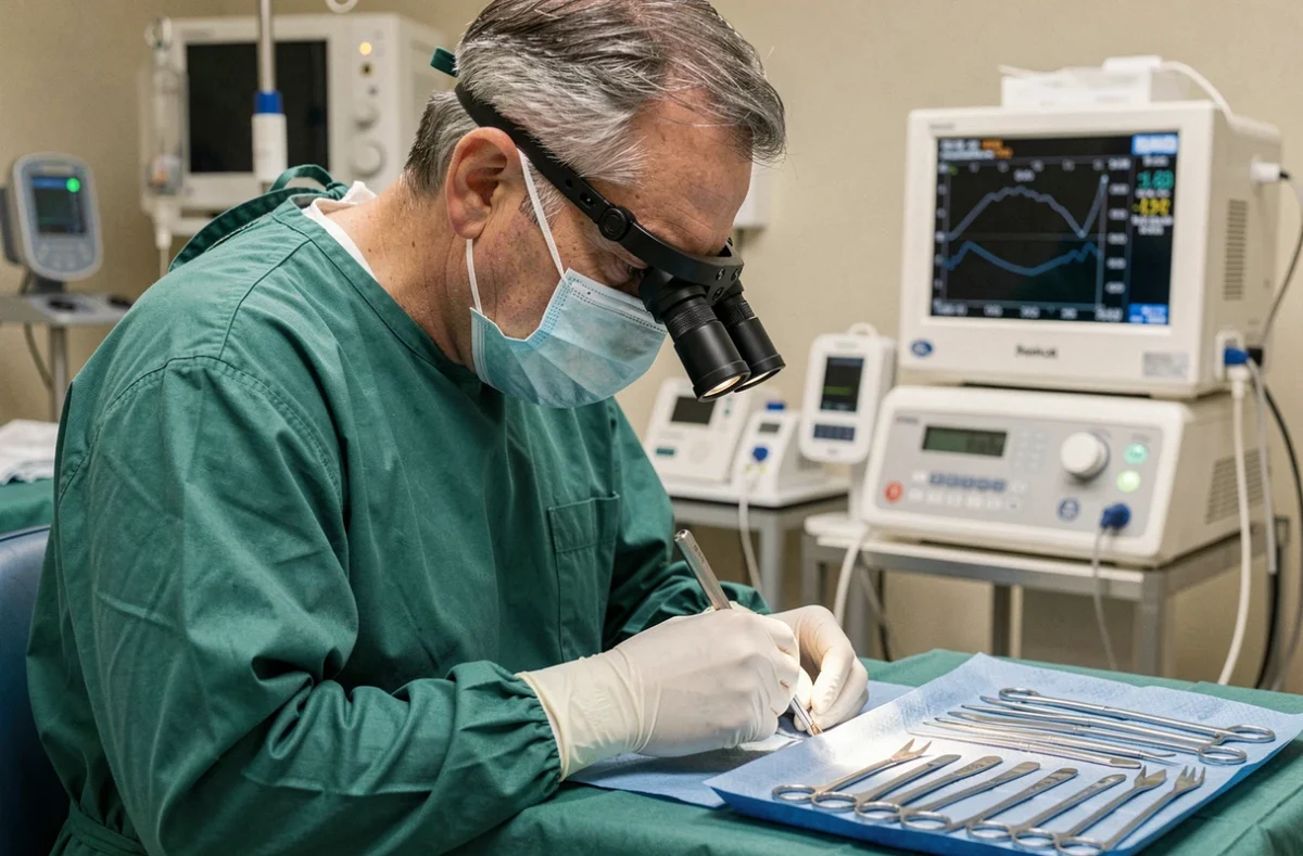 Chirurgien vétérinaire en salle d'opération avec des instruments chirurgicaux stériles lors d'une intervention sur un animal