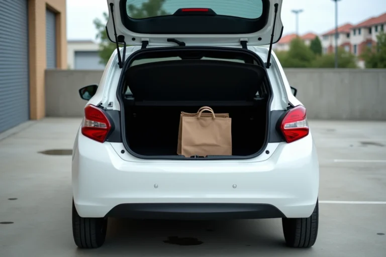 Coffre ouvert d'une Peugeot 208 blanche avec sacs de courses, vue extérieure trois-quarts arrière