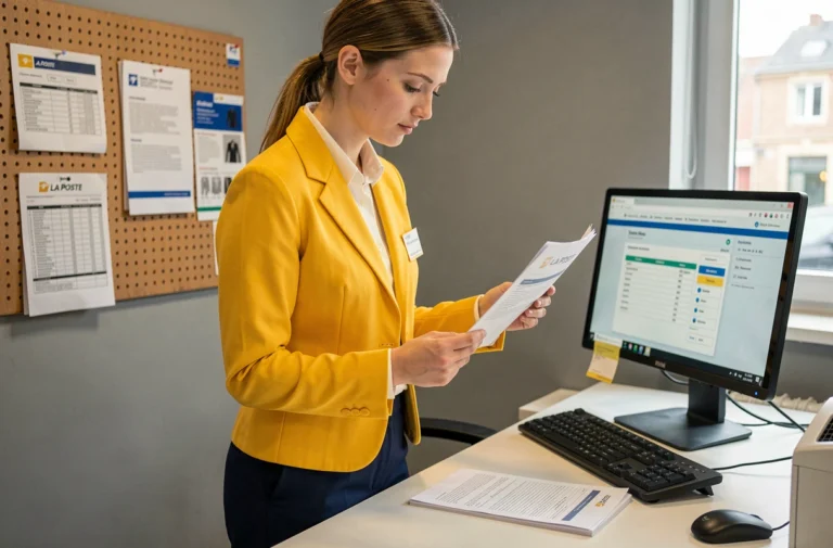Nouvelle employée La Poste en uniforme jaune consultant un formulaire de commande vestimentaire au bureau