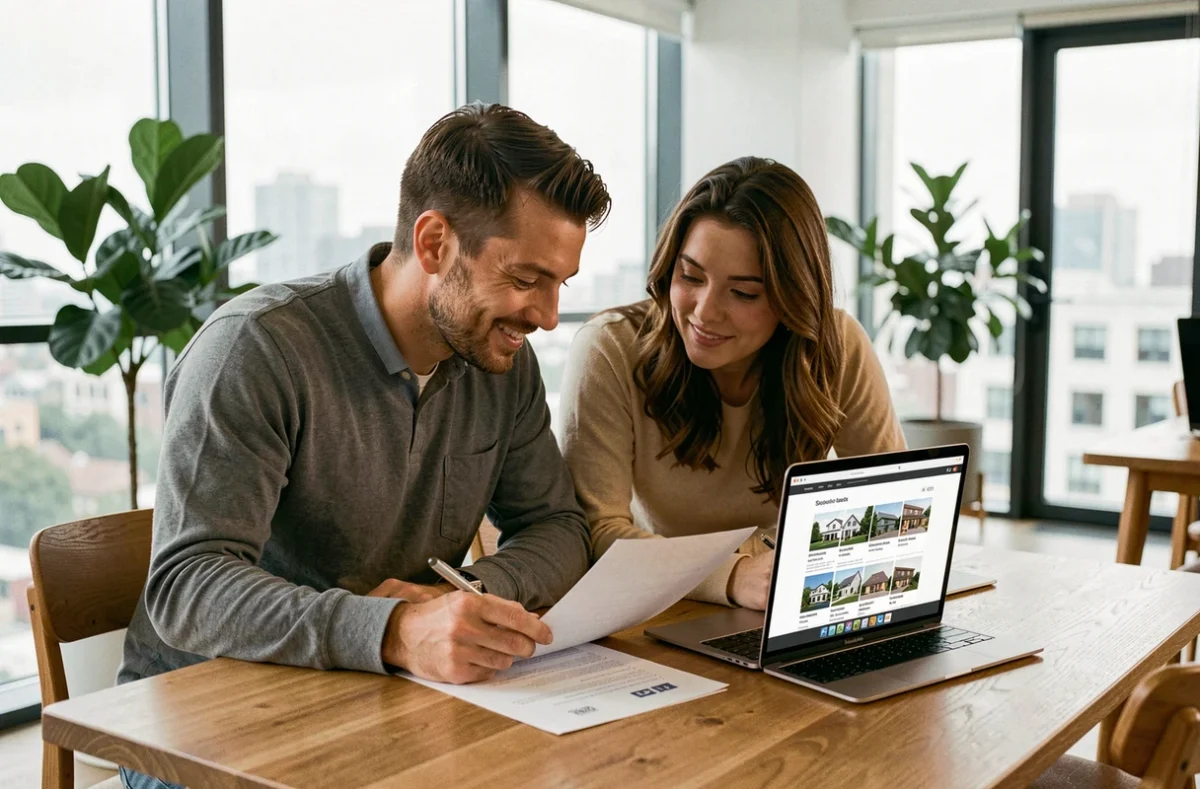 Couple en train de consulter des annonces immobilières dans une agence moderne
