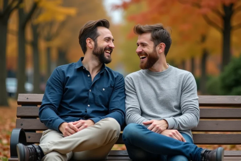 Deux hommes souriants assis ensemble sur un banc dans un parc en automne, illustrant une relation amoureuse complice