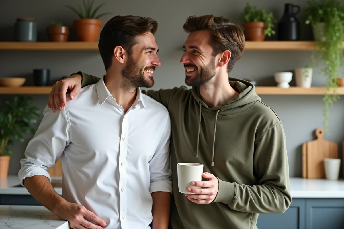Deux hommes complices dans une cuisine moderne et chaleureuse, partageant un moment de vie quotidienne intime