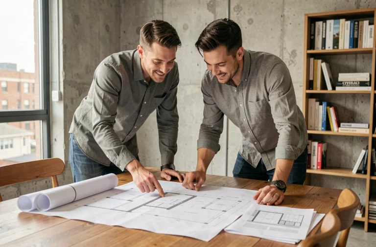 Couple examinant des plans immobiliers et des documents de projet d'investissement sur une table en bois dans un appartement moderne