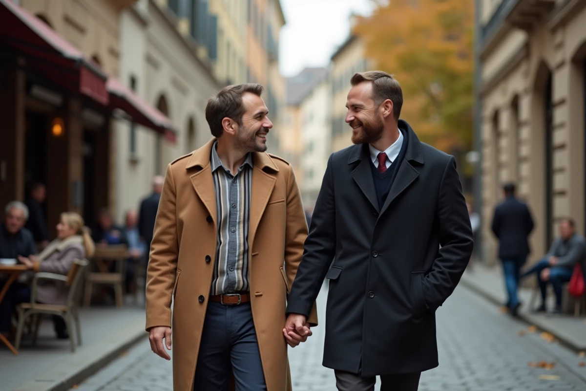 Deux hommes marchant ensemble dans une rue pavée d'un quartier européen, évoquant une promenade amoureuse urbaine