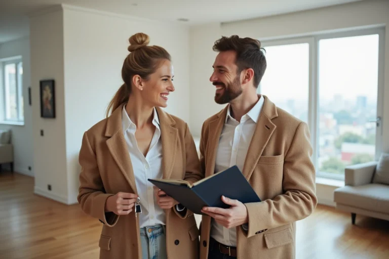 Jeune couple souriant dans un appartement lumineux