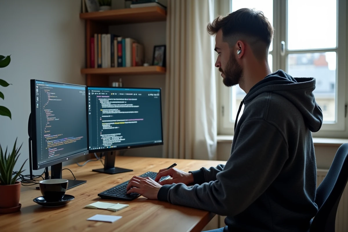 Développeur français travaillant en télétravail sur un projet numérique depuis son bureau à domicile