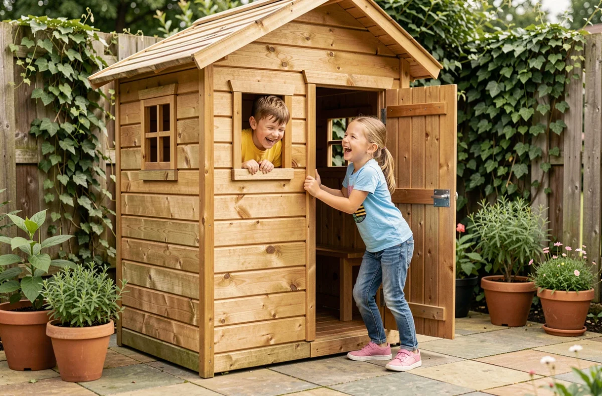 Enfants jouant devant une cabane de jardin en bois dans un jardin familial aménagé