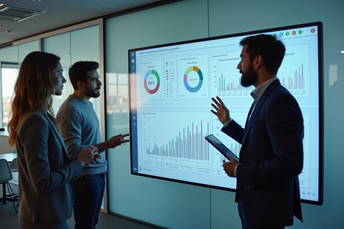 Équipe de startuppers en réunion devant un tableau de bord numérique dans un bureau high-tech français