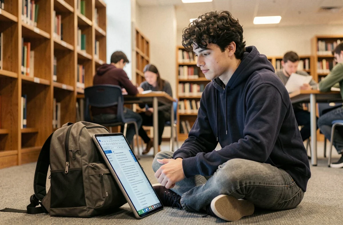 Étudiant consultant une présentation PowerPoint gratuite sur une tablette dans une bibliothèque universitaire