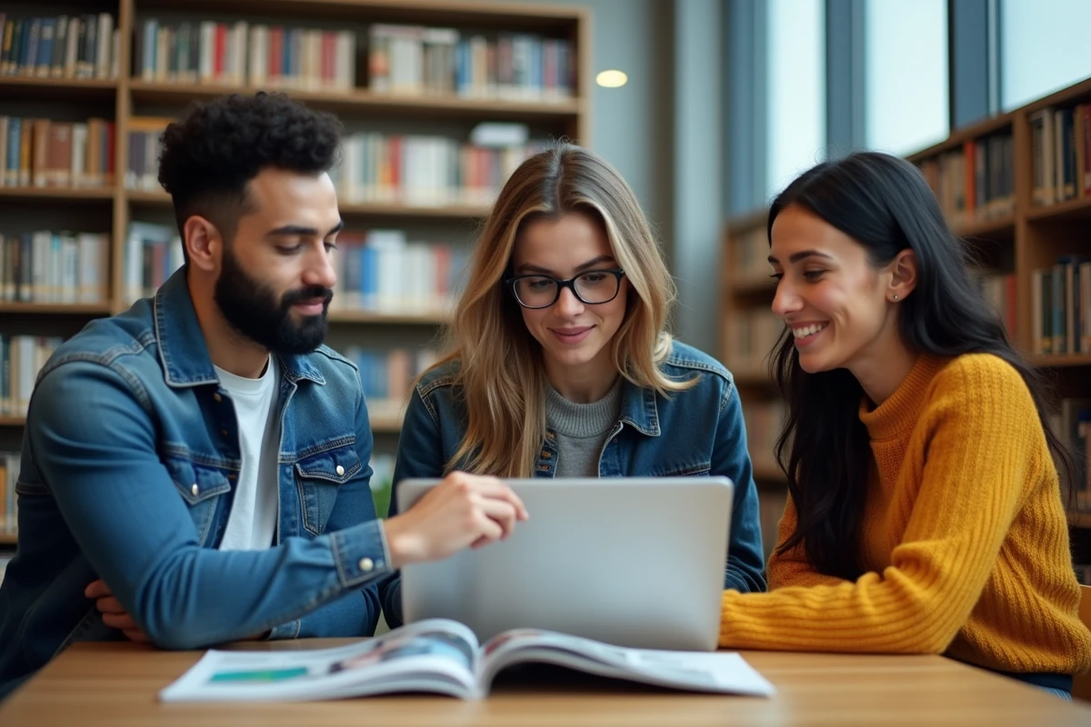 Étudiants français discutant des dernières tendances et actualités dans une bibliothèque universitaire