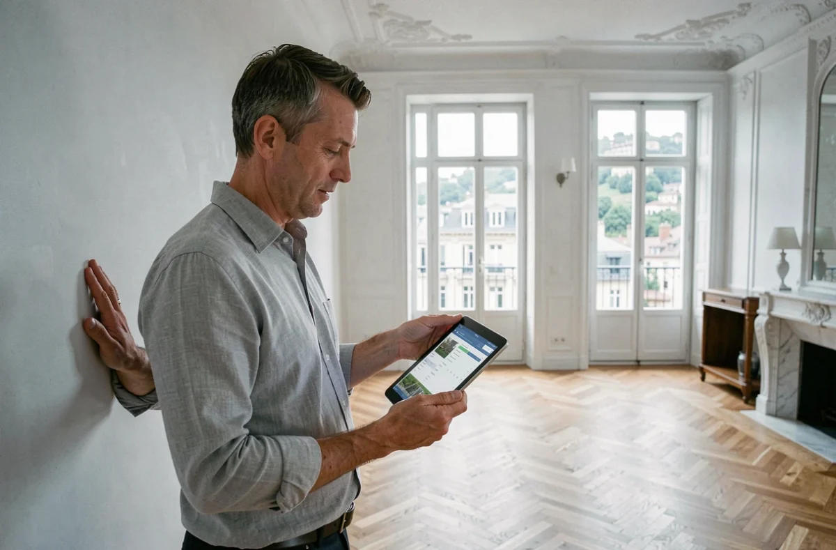 Expert immobilier utilisant un logiciel d'estimation sur tablette dans un appartement rénové à Lyon
