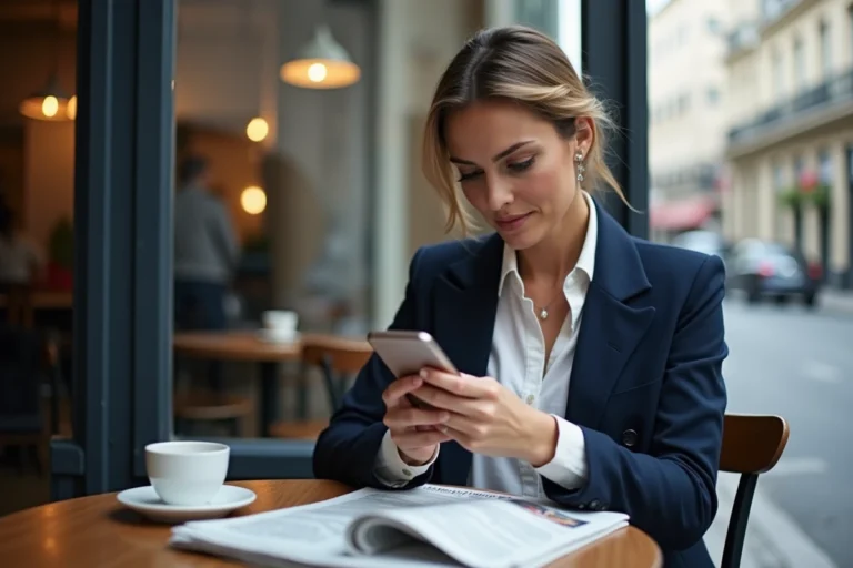 Femme parisienne lisant les actualités sur son smartphone dans un café moderne à Paris