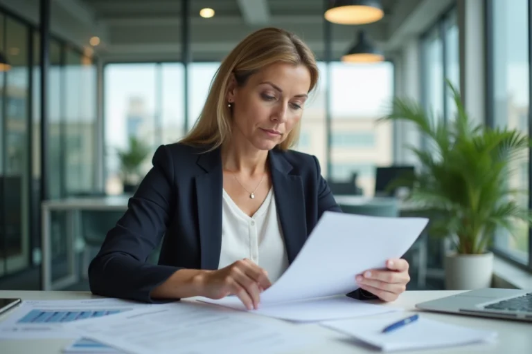 Une femme d'affaires examine des documents de réclamation d'assurance AXA dans un bureau moderne