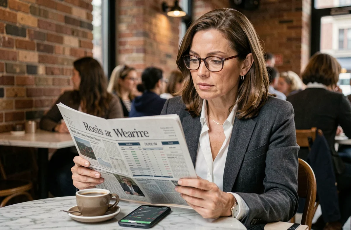 Femme lisant un journal financier et consultant une application boursière dans un café urbain