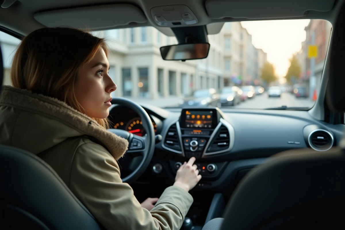 Femme regardant le tableau de bord dans une voiture en ville