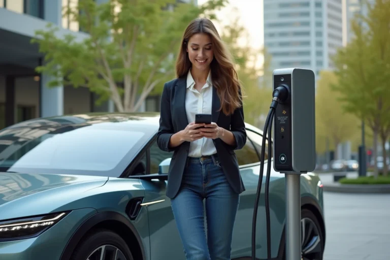 Femme souriante à côté d'une voiture électrique moderne