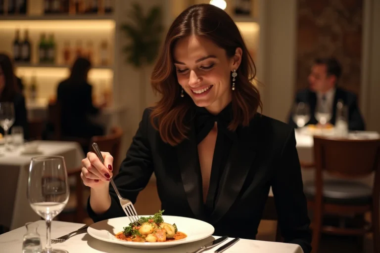 Femme élégante dégustant un plat gourmet dans un restaurant