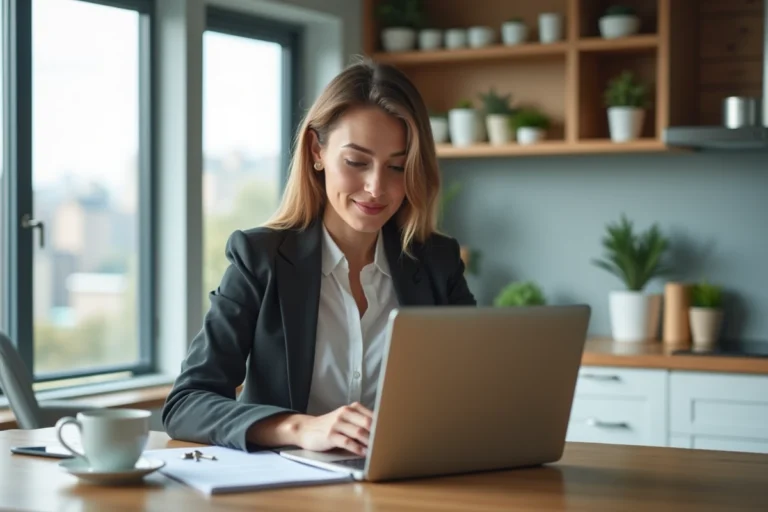 Femme d affaires examinant des documents immobiliers dans un appartement moderne