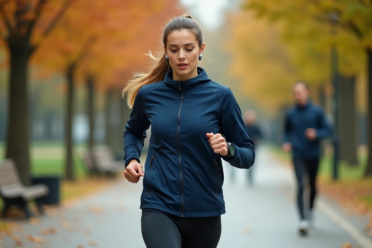 Femme joggeuse consultant les actualités sportives sur sa montre connectée dans un parc urbain