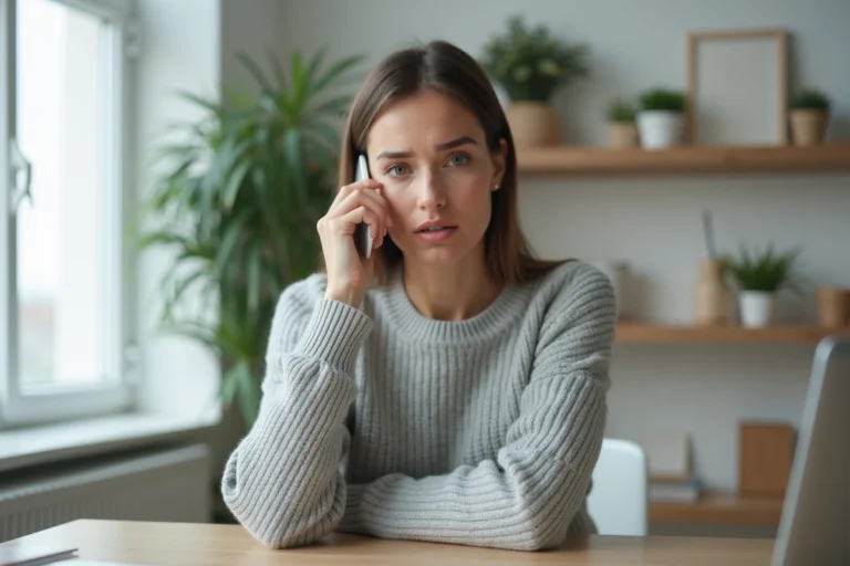 Femme contactant le service client Free par téléphone depuis son bureau à domicile