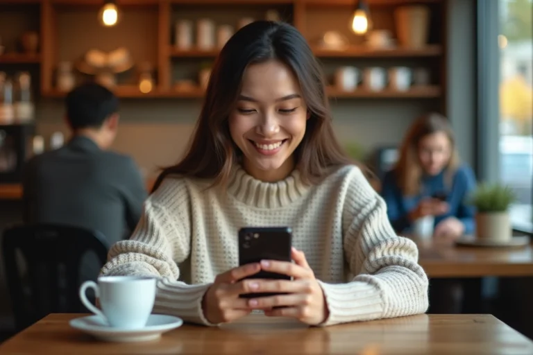 Jeune femme regardant son smartphone dans un café pour gérer ses flammes Snapchat