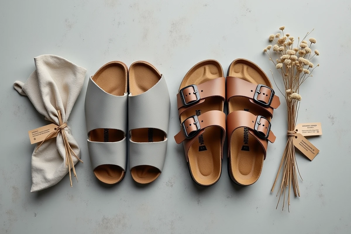 Vue de dessus comparative d'une sandale Scholl et d'un sabot Birkenstock Boston posés sur une surface en béton gris dans un style éditorial