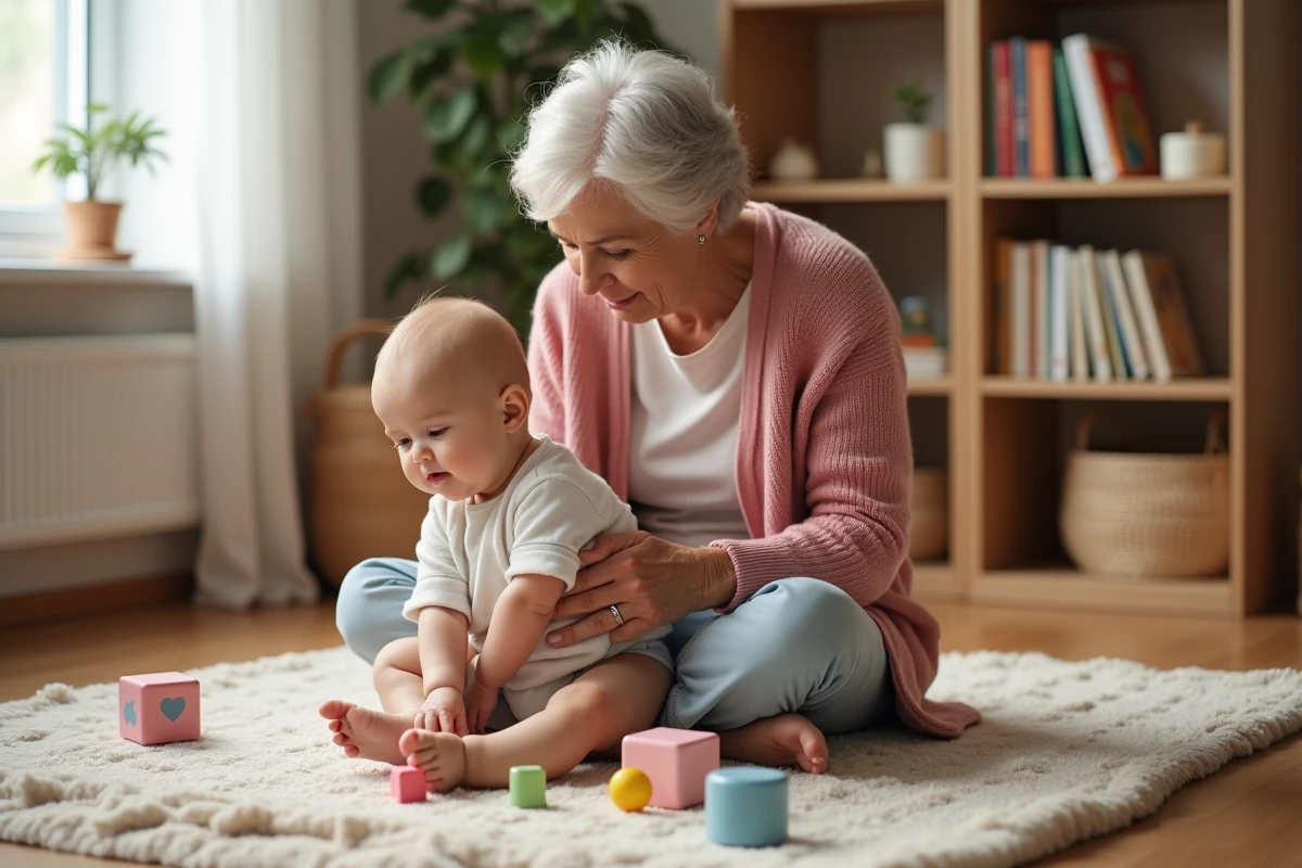 Grand-mère aidant son bébé de six mois à s'asseoir sur un tapis de jeu entouré de jouets en bois, accompagnement bébé au quotidien