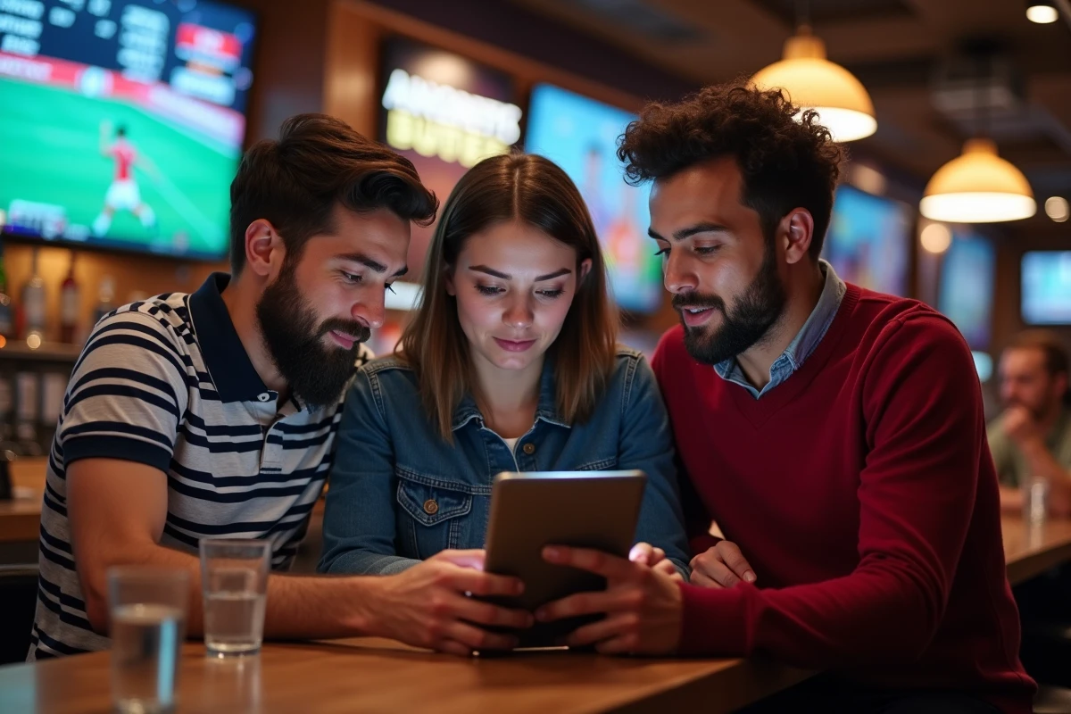 Groupe de personnes réagissant aux actualités sportives en direct dans un bar sportif