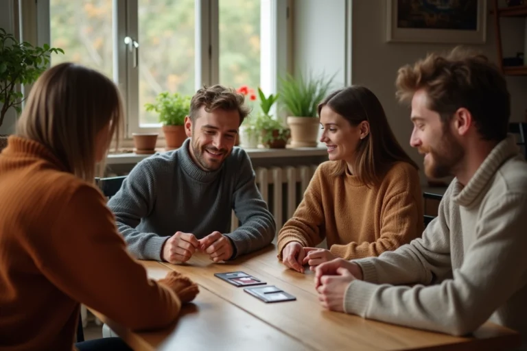 Quatre adultes jouent à un jeu de société dans une cuisine chaleureuse