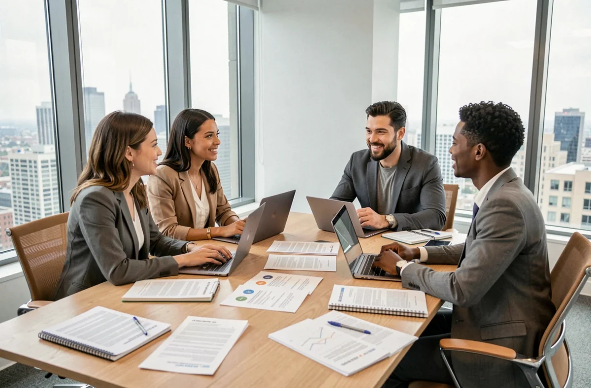 Groupe de professionnels discutant d'opportunités d'emploi et de stratégies de carrière autour d'une table de réunion