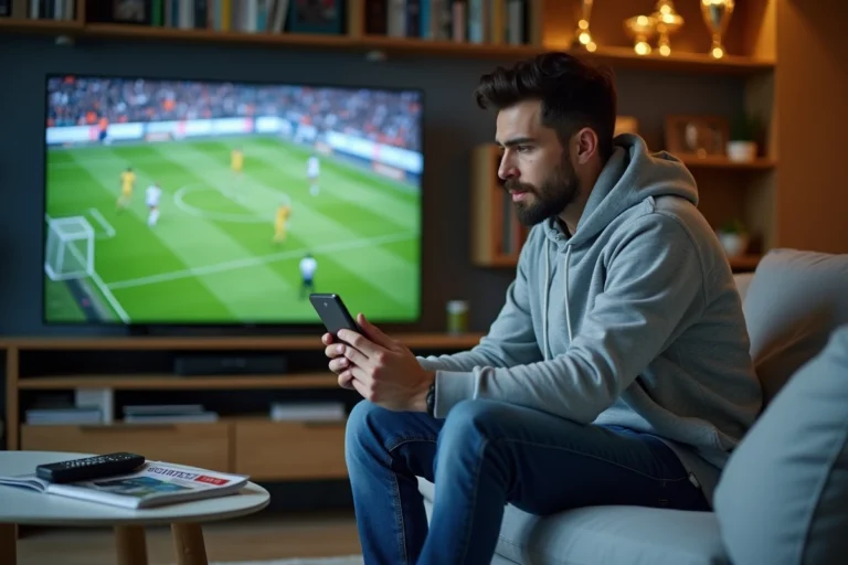 Homme consultant les actualités sportives en temps réel sur son smartphone dans un salon moderne