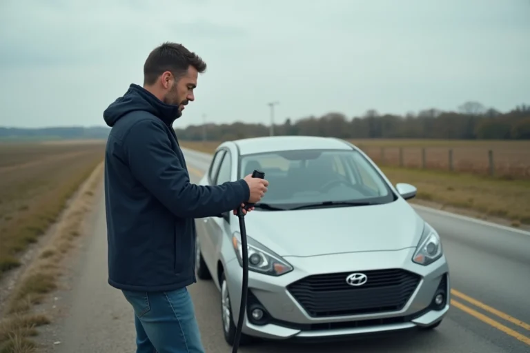 Homme vérifiant le niveau de carburant à côté d'une voiture en campagne