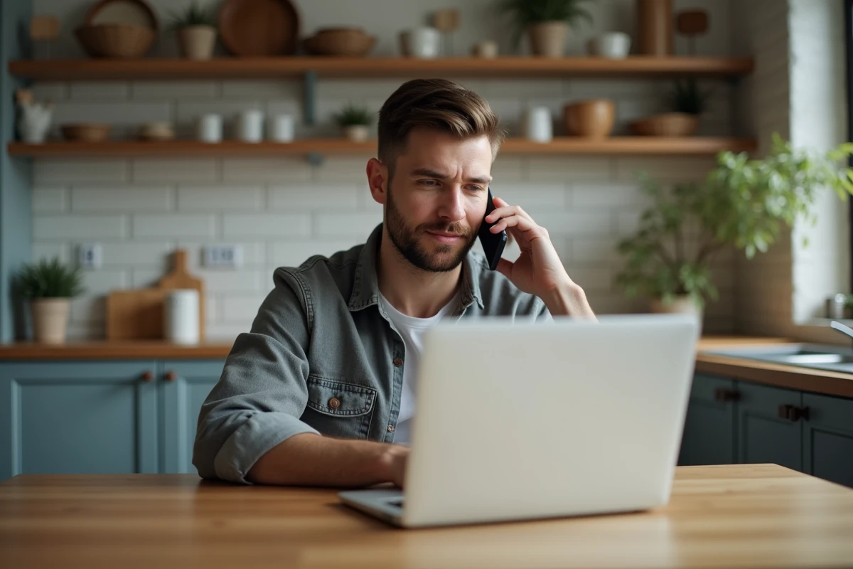 Un homme contacte son assurance AXA depuis chez lui pour suivre le délai de remboursement d'un sinistre