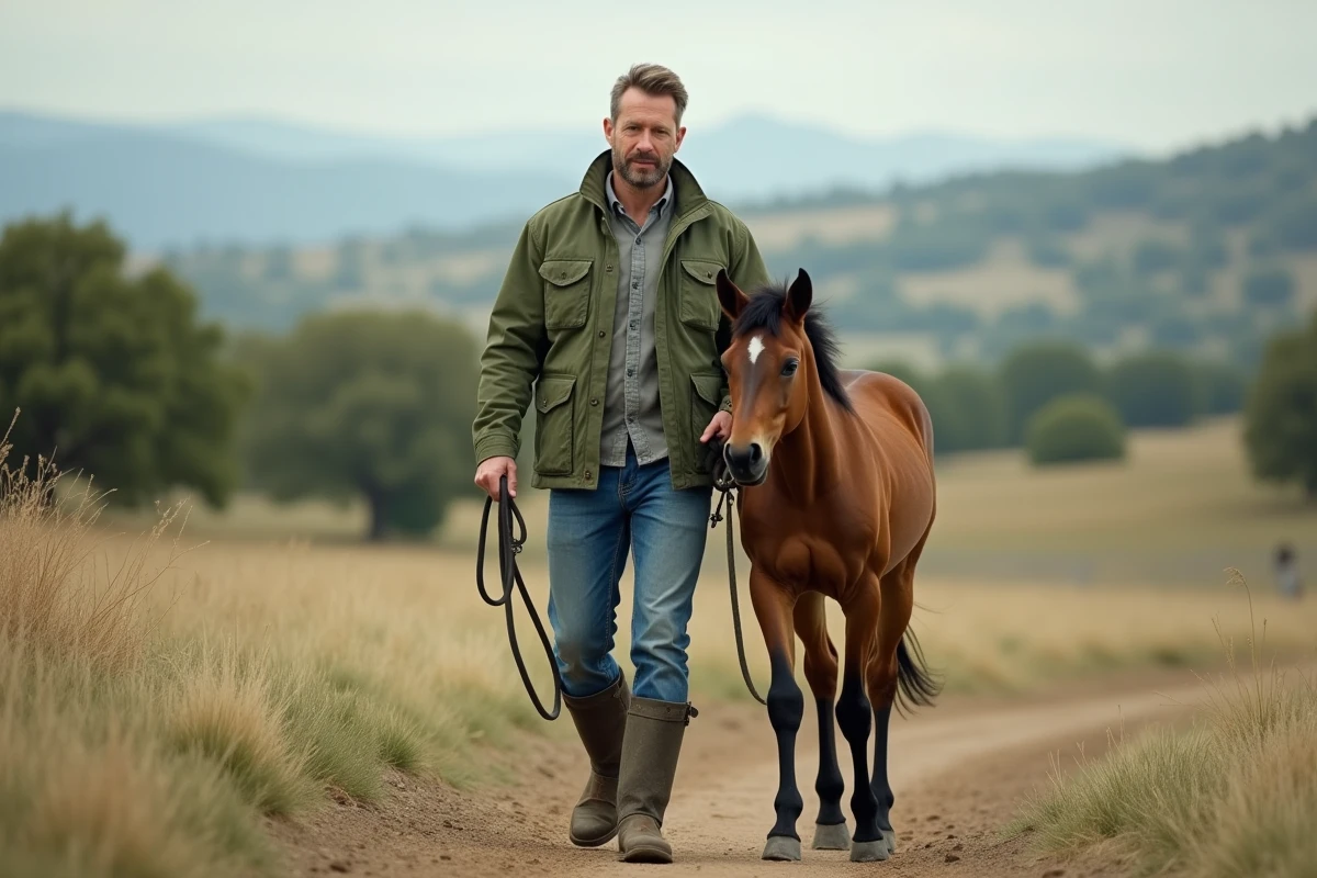 Homme guidant un cheval dans un pré lors d'une activité équestre en plein air à la campagne