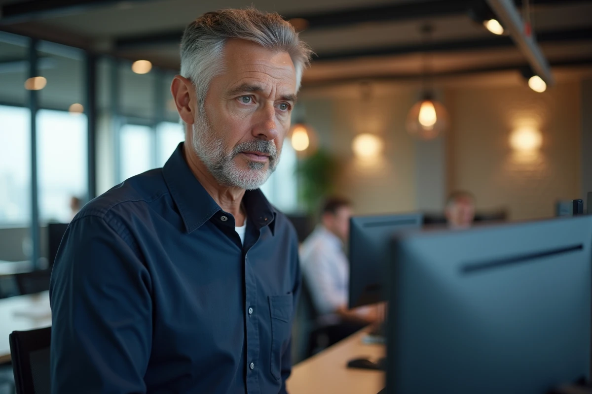 Homme consultant les horaires du service client Free sur un ordinateur au bureau