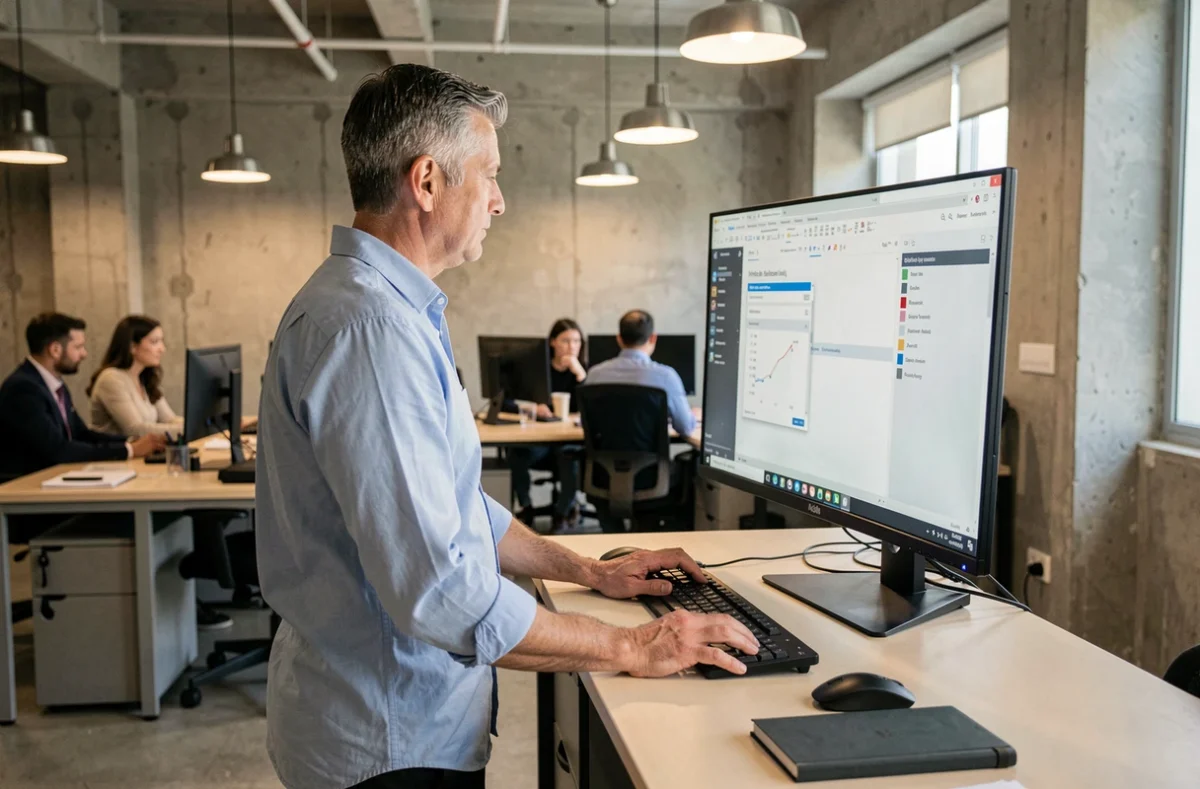 Homme modifiant une présentation PowerPoint gratuite sur un grand écran dans un open space moderne