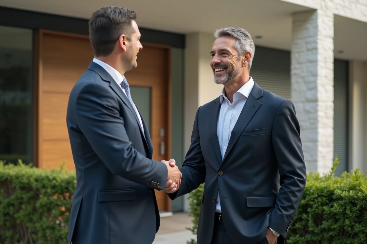 Homme d affaires serrant la main d un agent immobilier devant un immeuble