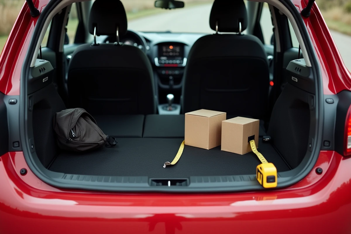 Vue intérieure du coffre étendu d'une Peugeot 208 rouge avec banquette rabattue et mesure de l'espace de chargement