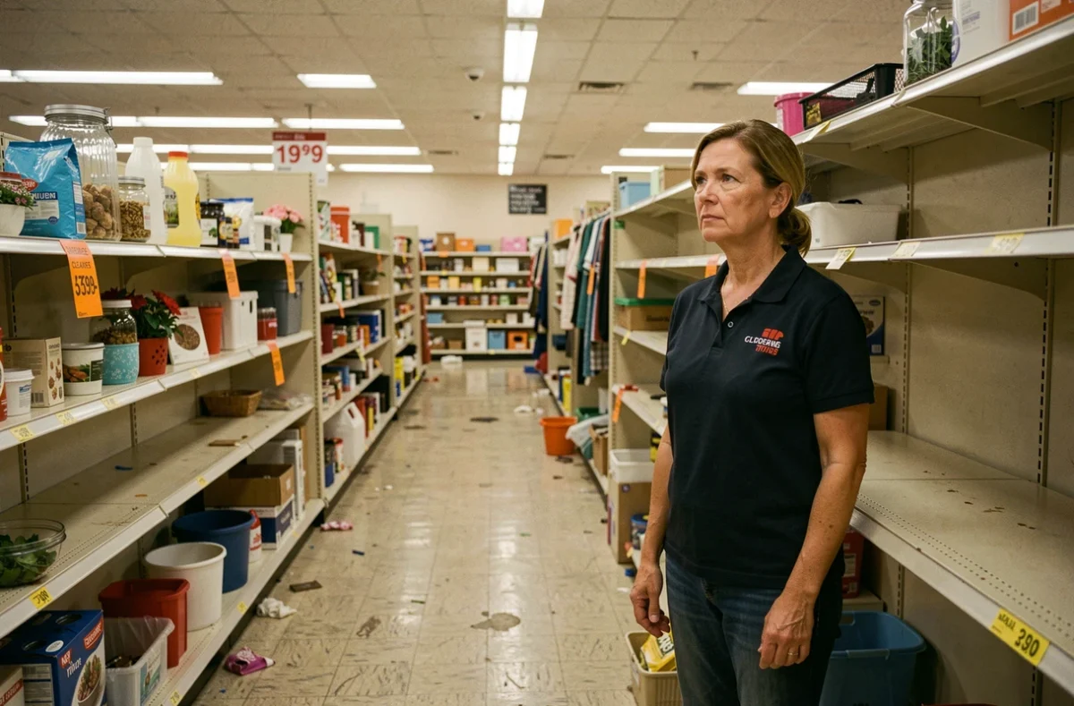 Intérieur d'un magasin en liquidation avec rayons partiellement vides et employée devant les étagères dégarnies