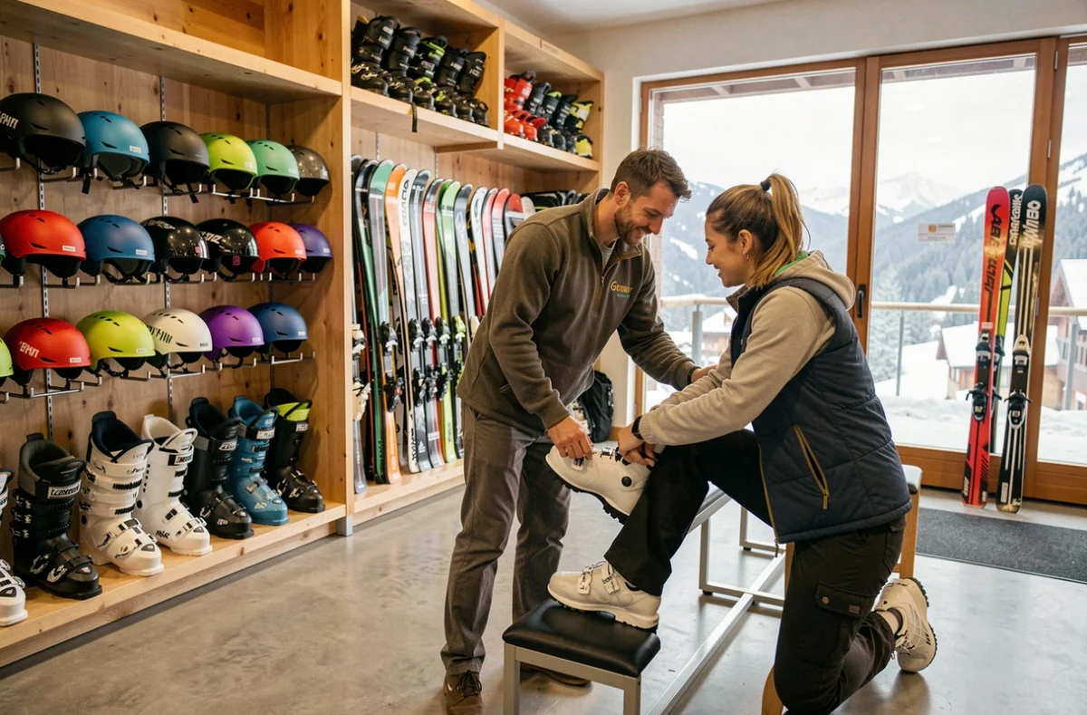 Intérieur d'un magasin de location de ski aux Deux Alpes avec un employé aidant une cliente